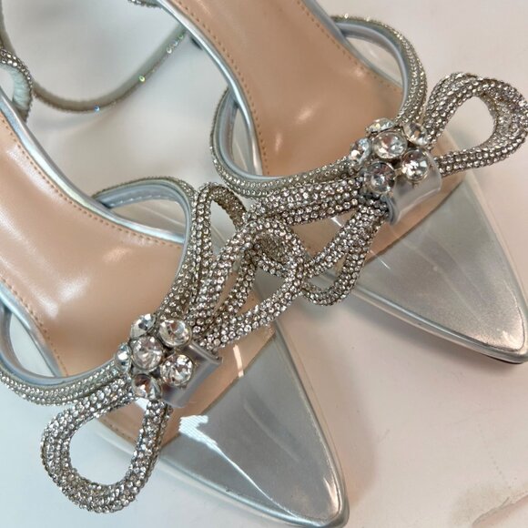 Silver Rhinestone Pointed Toe  Heels High Strappy  Bow Sandals Women Size 5.5 - Picture 9 of 9